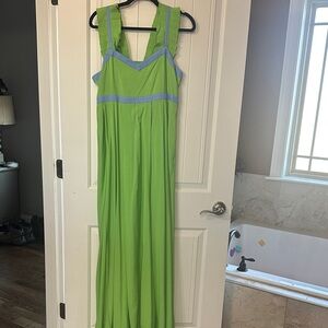 Emily McCarthy Green Maxi Dress with Blue Accents and ruffle straps!